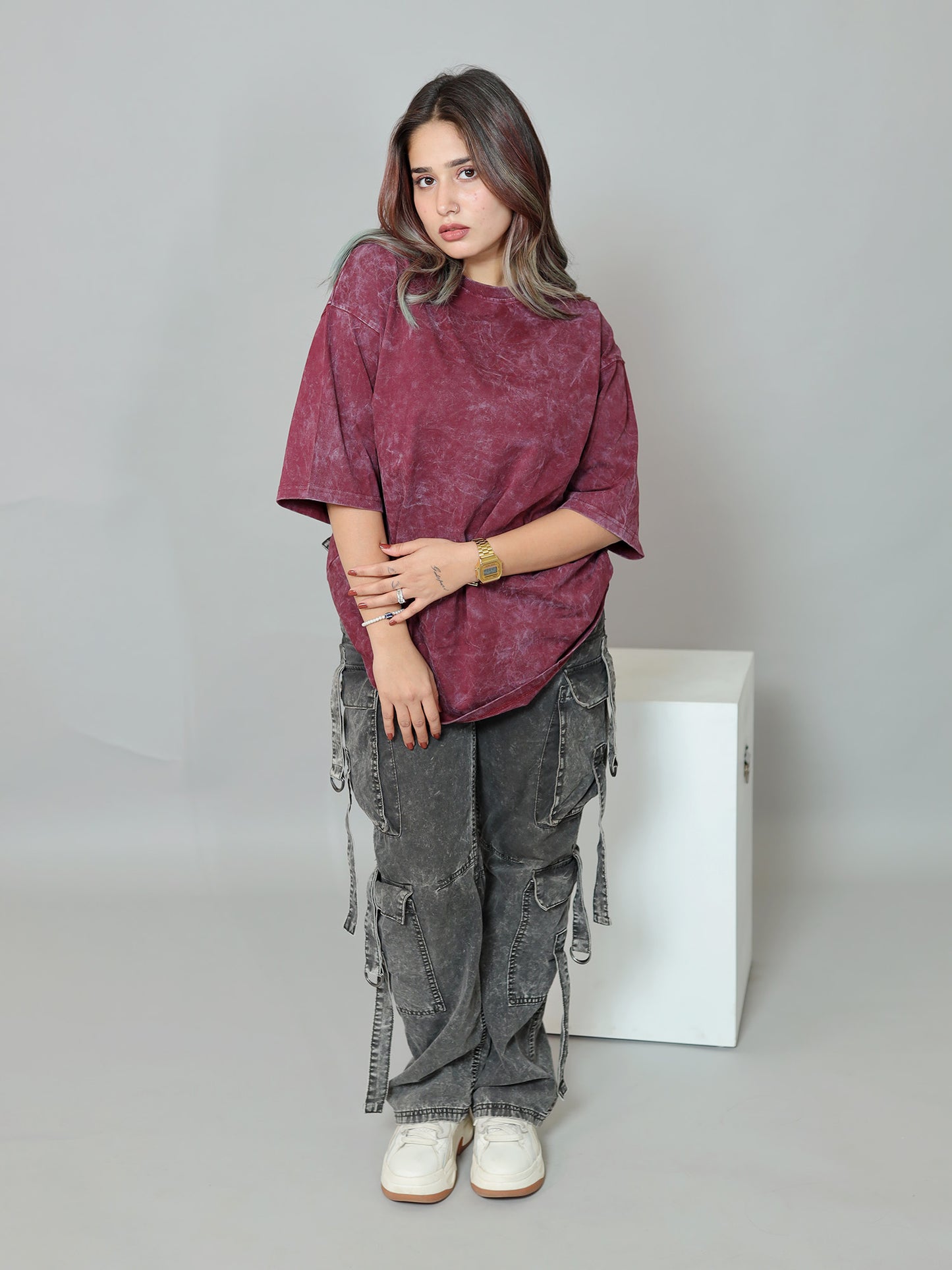 Claret Unisex Maroon Acid Wash Oversized T-shirt | Maroon
