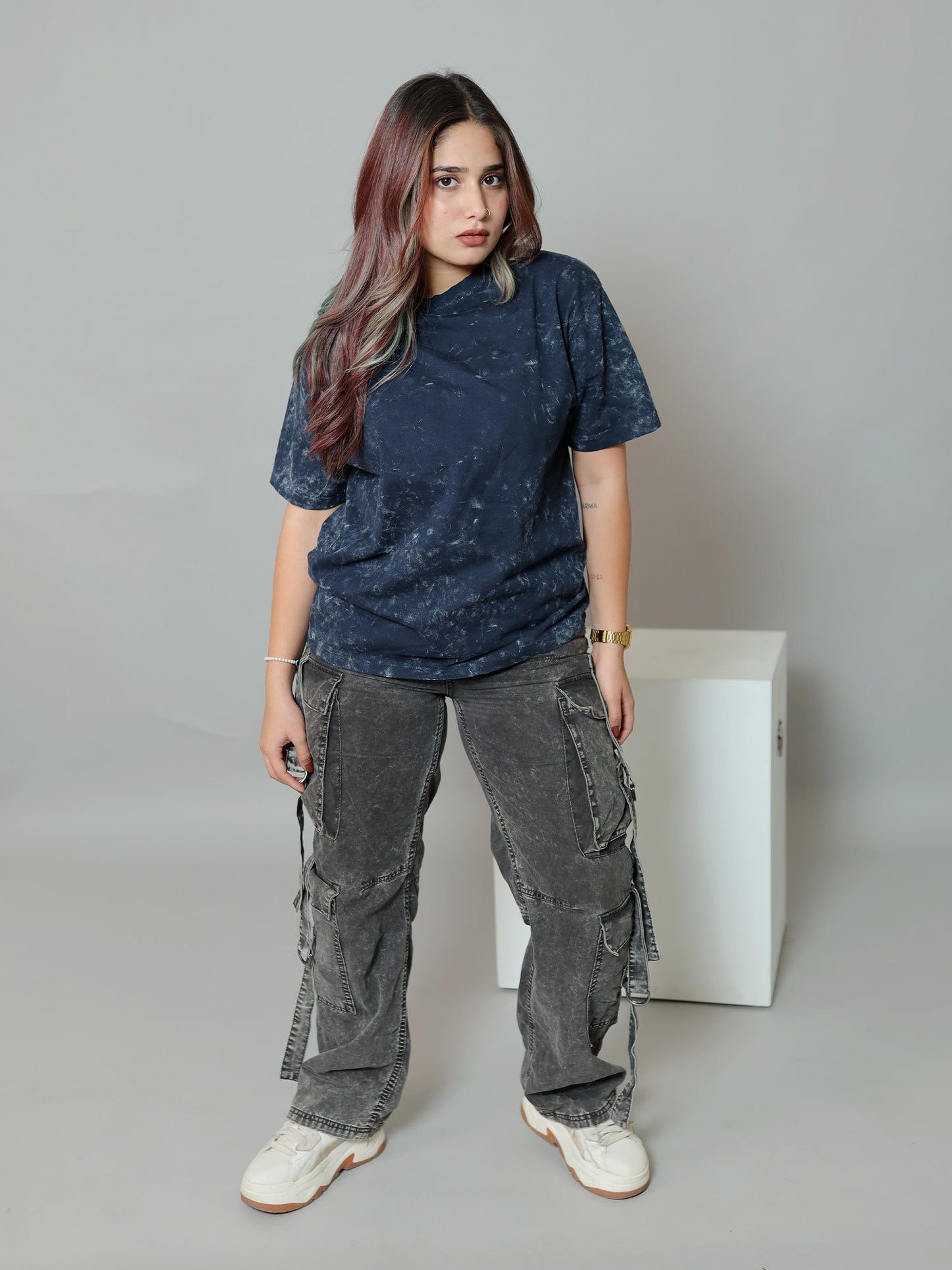 Midnight Unisex  Tide Acid Wash Oversized T-Shirt | Navy Blue