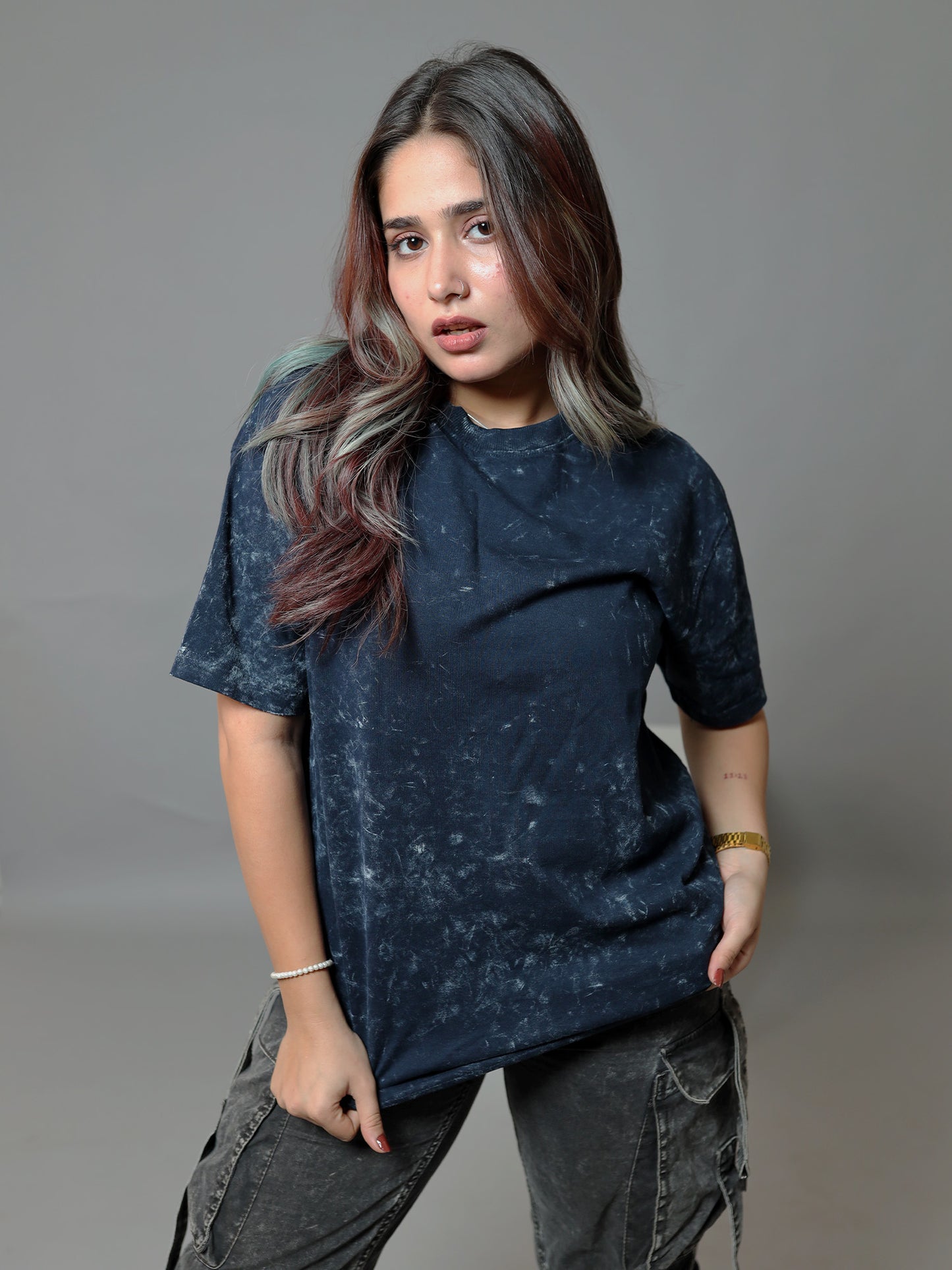 Midnight Unisex  Tide Acid Wash Oversized T-Shirt | Navy Blue