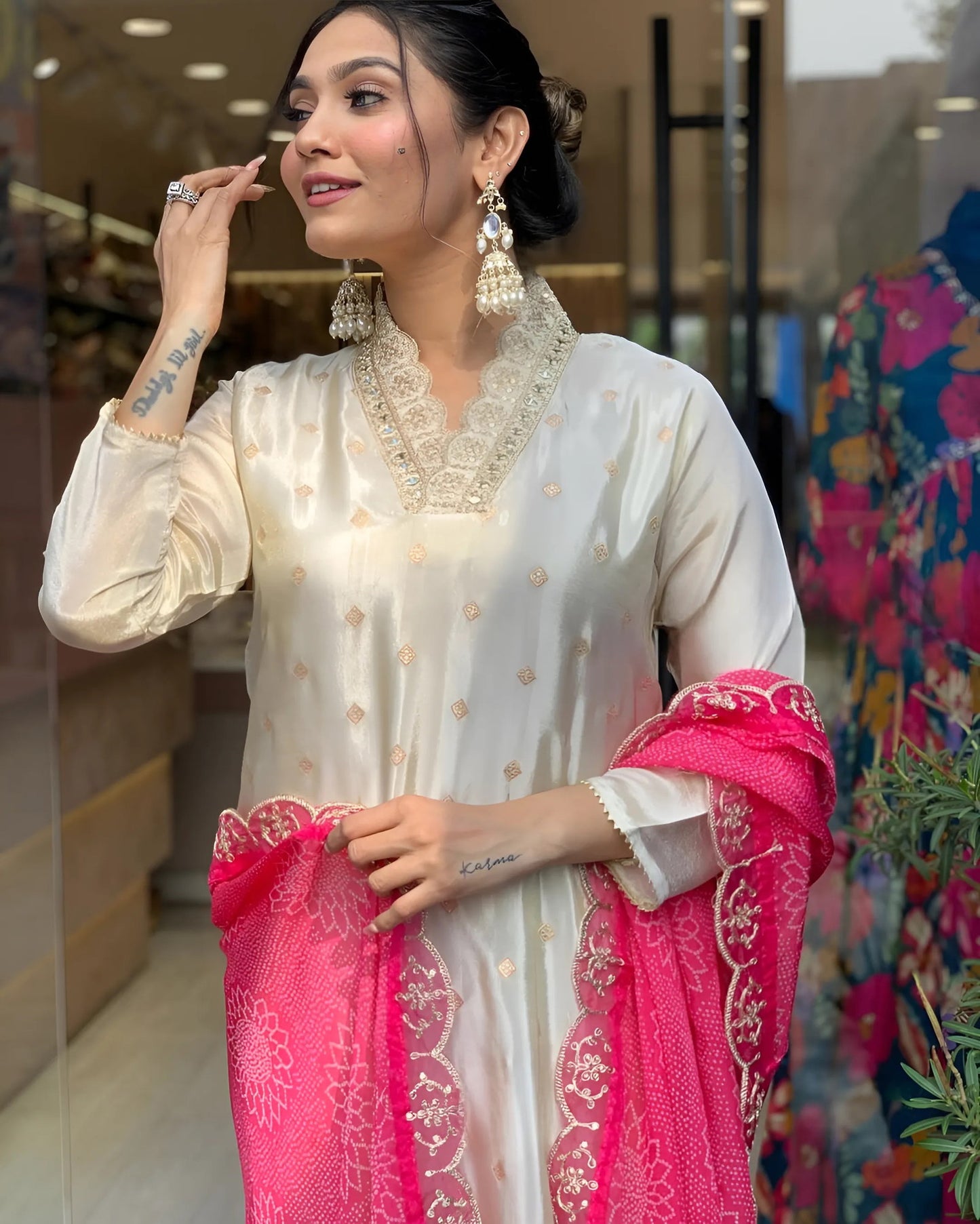 Designer Pure Viscose Jacquard Kurta With Pant And Heavy Dupatta