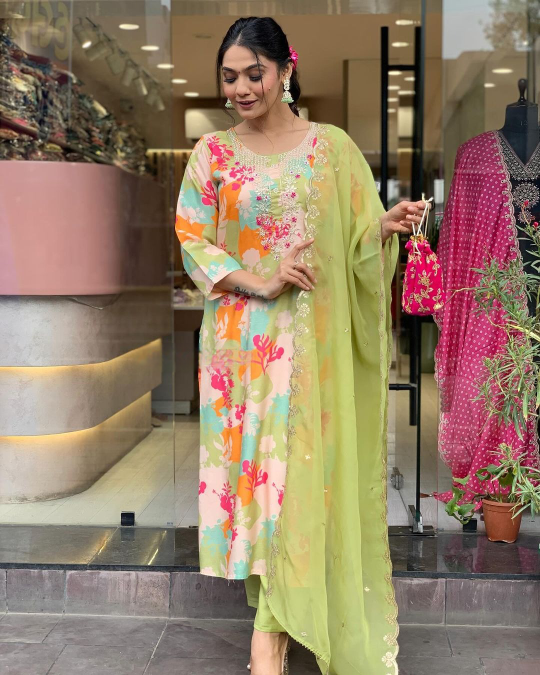 Party Wear Floral Printed Women's Embroidery Kurta With Bottom And Beautiful Dupatta Set