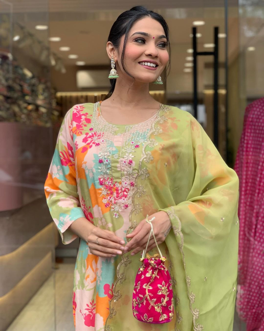 Party Wear Floral Printed Women's Embroidery Kurta With Bottom And Beautiful Dupatta Set