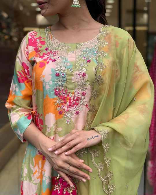 Party Wear Floral Printed Women's Embroidery Kurta With Bottom And Beautiful Dupatta Set