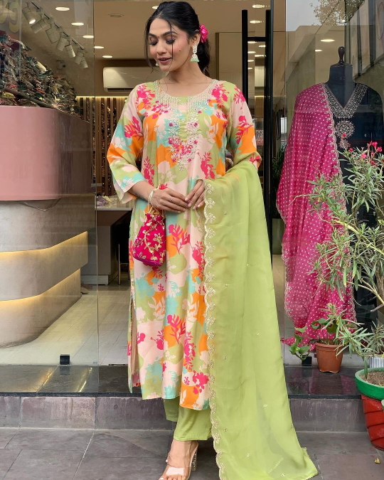 Party Wear Floral Printed Women's Embroidery Kurta With Bottom And Beautiful Dupatta Set