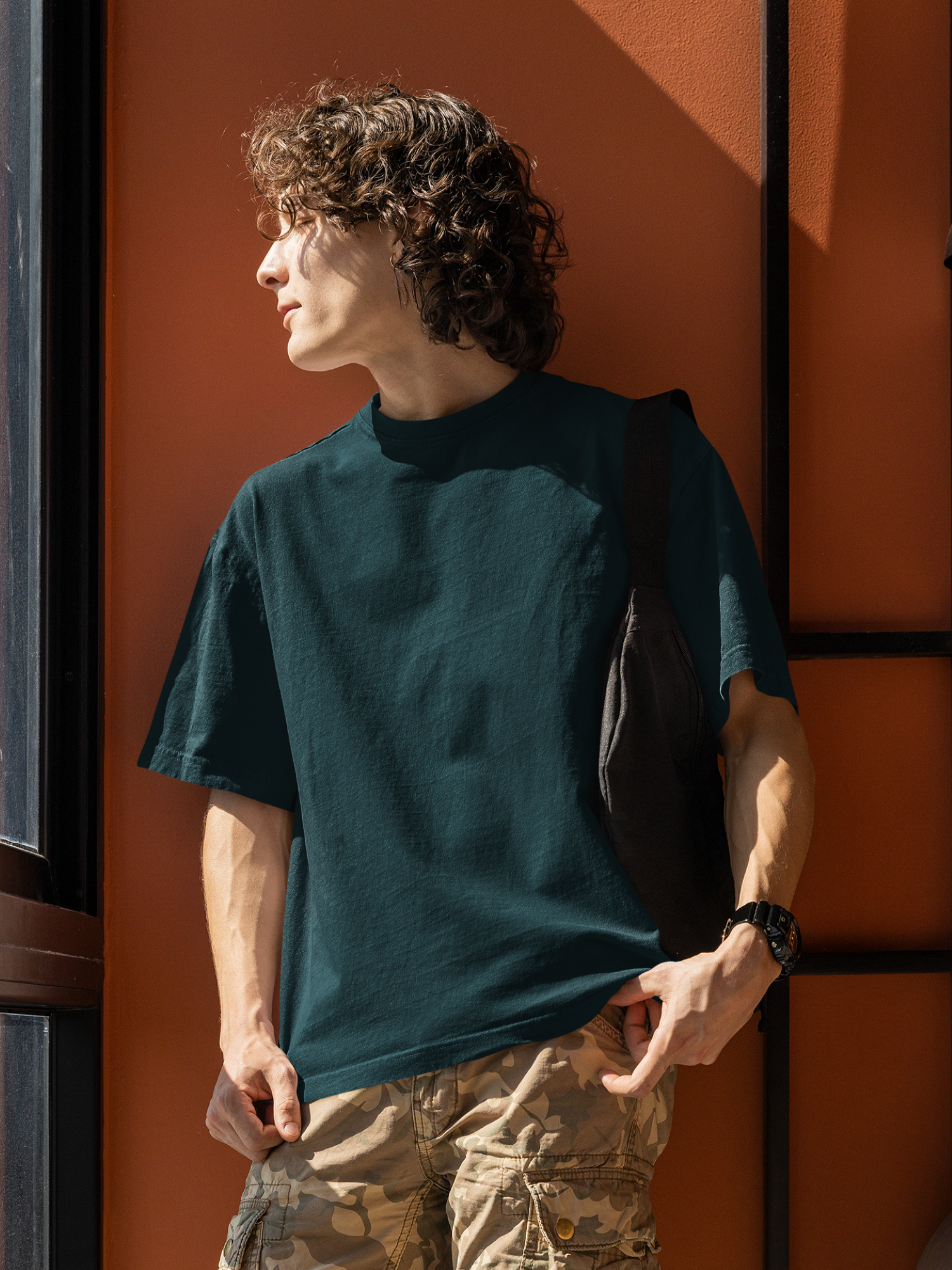 Plain Petrol Blue  Round Neck Oversized Cotton T-shirt At Stalworth