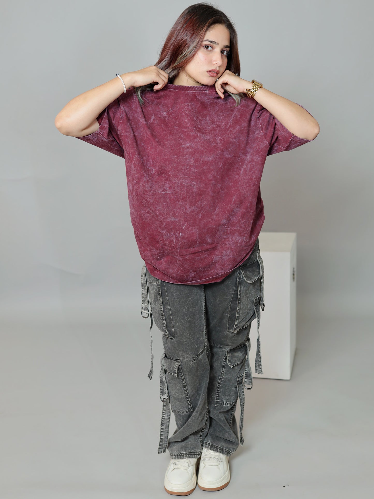 Claret Maroon Acid Wash Oversized T-shirt | Maroon