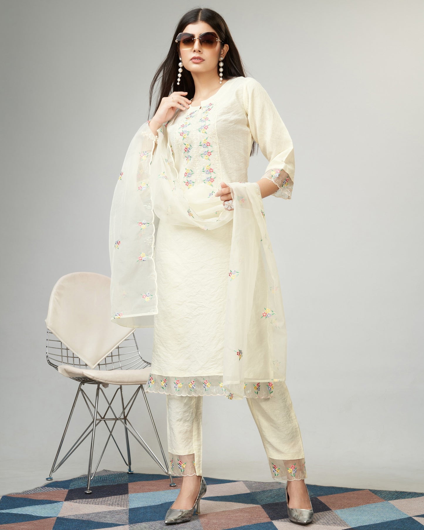 Off White Party Wear Embroidery Worked Kurta With Pant And Dupatta Set