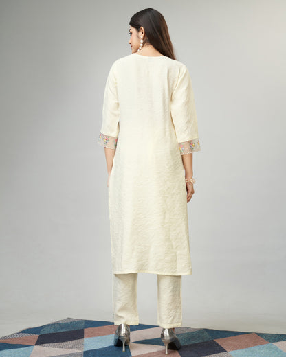 Off White Party Wear Embroidery Worked Kurta With Pant And Dupatta Set