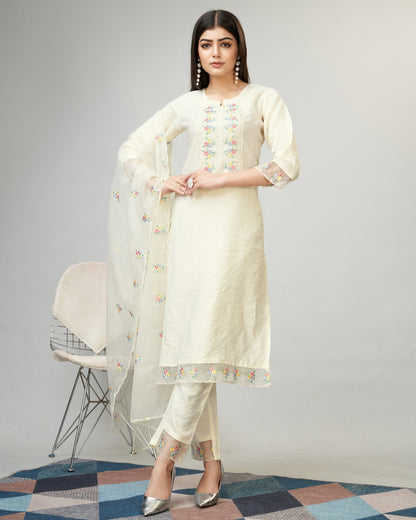 Off White Party Wear Embroidery Worked Kurta With Pant And Dupatta Set