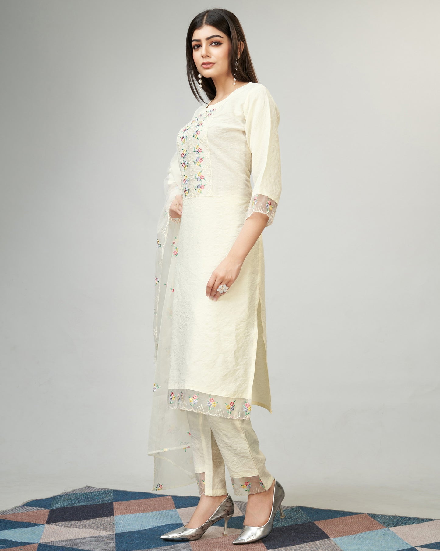 Off White Party Wear Embroidery Worked Kurta With Pant And Dupatta Set