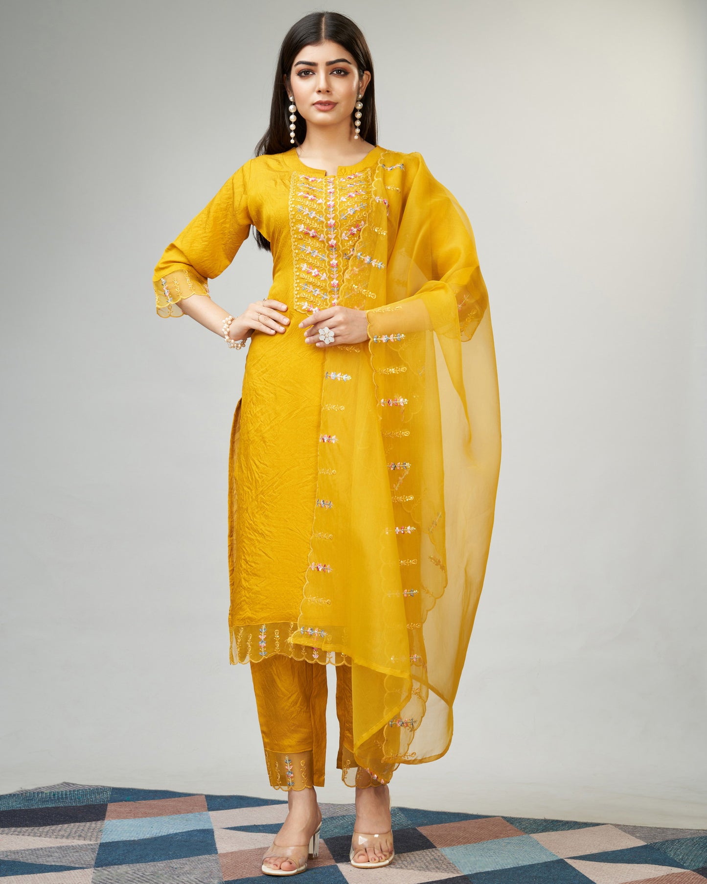 Yellow Party Wear Embroidery Worked Kurta With Pant And Duppata Set