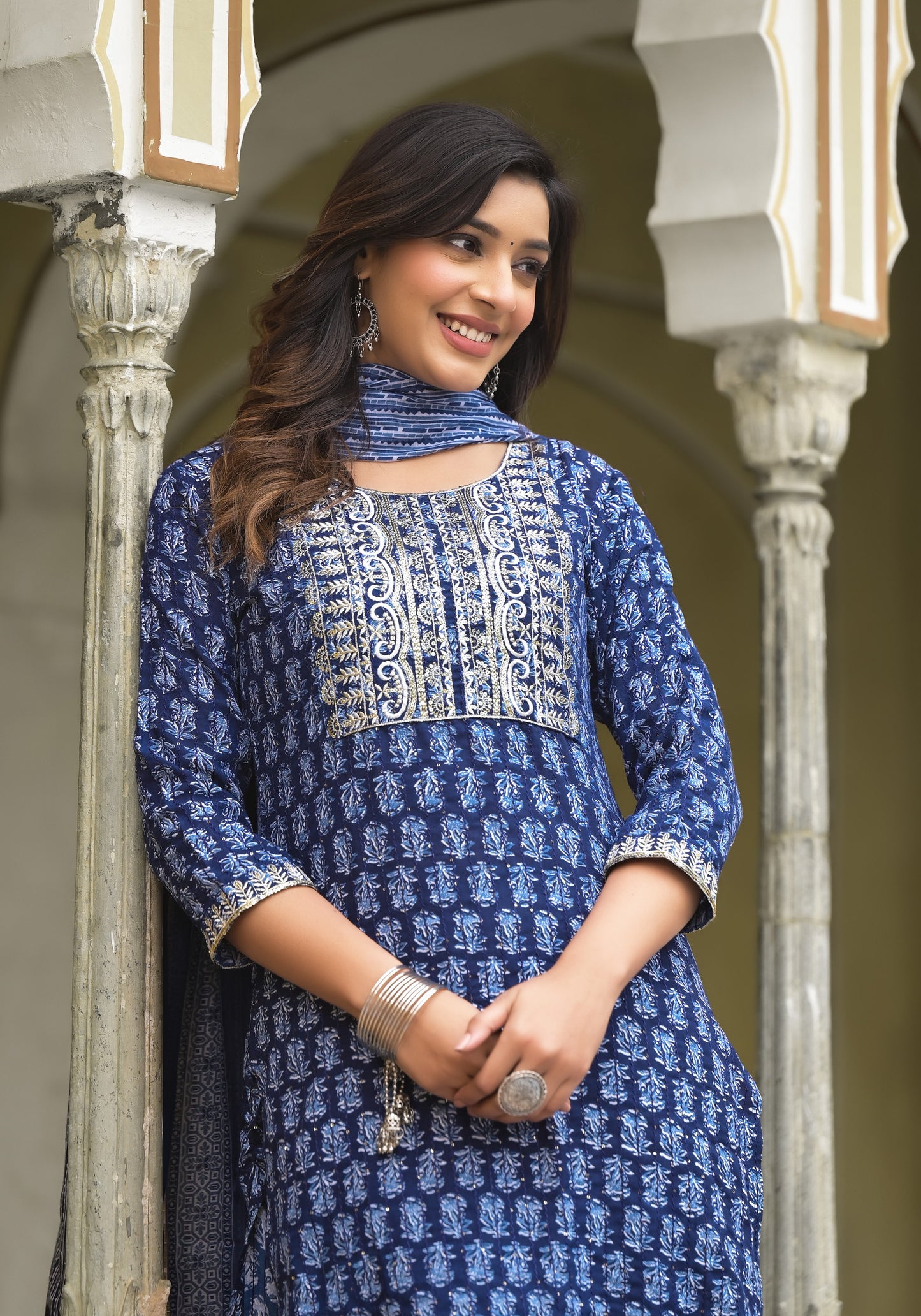 Simple and Designer Kurta set with Bottom and Dupatta in Blue Color