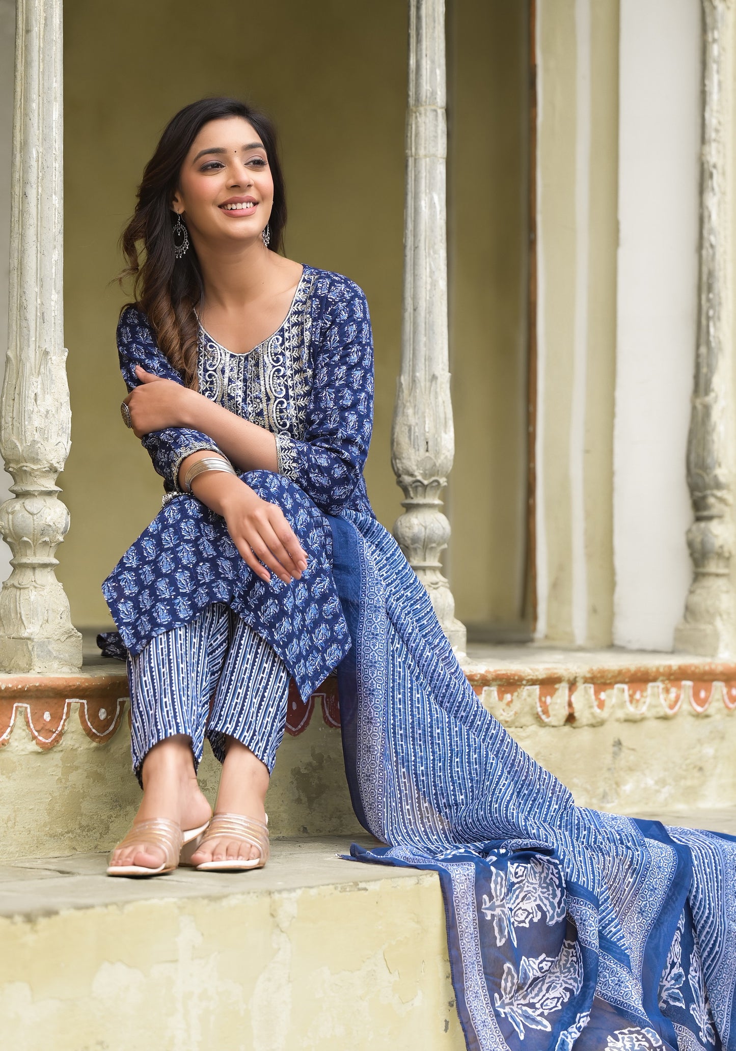 Simple and Designer Kurta set with Bottom and Dupatta in Blue Color