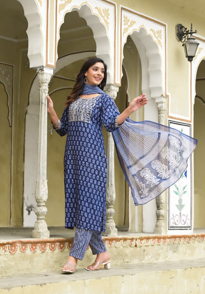 Simple and Designer Kurta set with Bottom and Dupatta in Blue Color