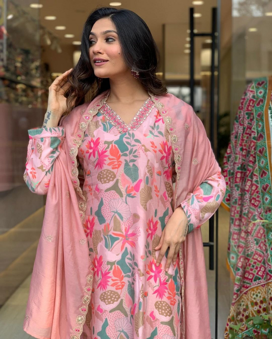 Pink Printed Kurta Set With Chanderi Dupatta With Pant Pair