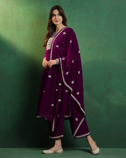 Georgette Embroidery Print Kurti With Pant and Dupatta In Wine Colour