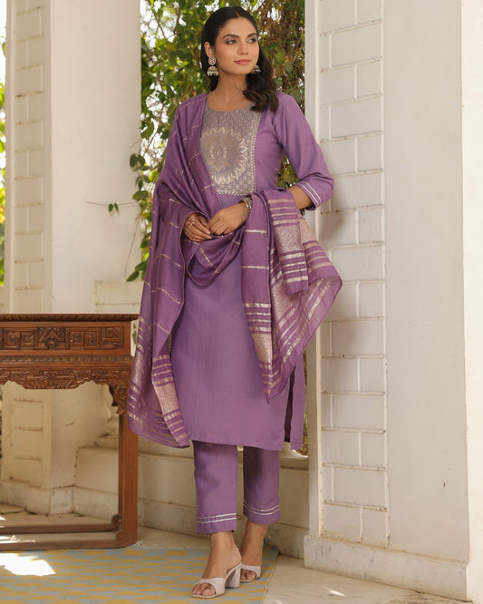 Beautiful and Simple Embroidered Kurta set With Bottom and Dupatta