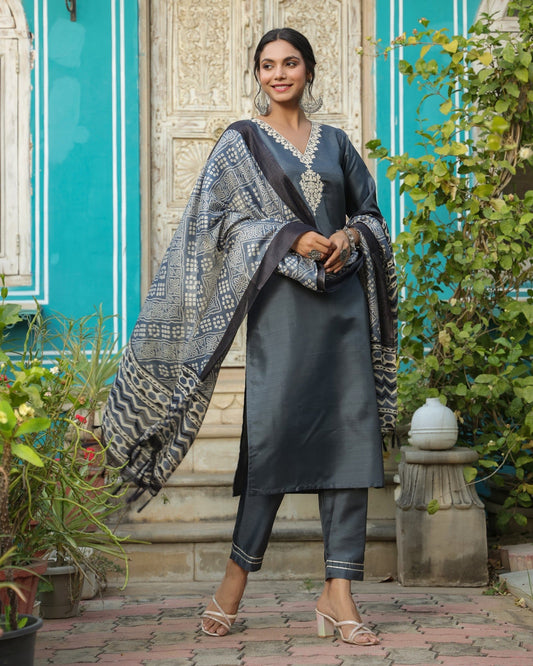 Floral Embroidered V-Neck Aari Work Straight Kurta with Trousers and Dupatta