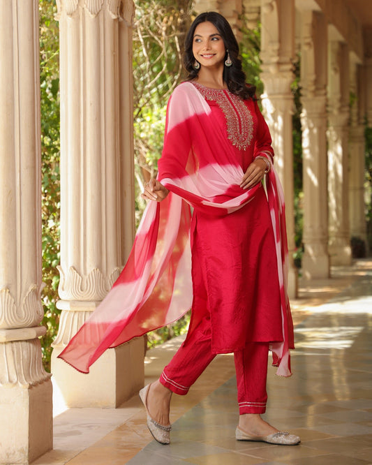 Fuchsia Pink Embroidered Designer Kurta With duppata and Bottom