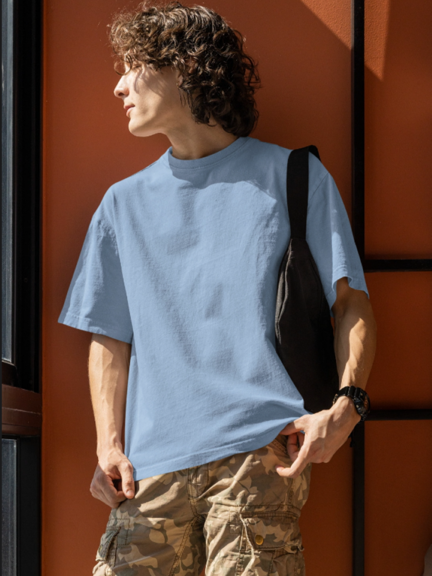 Plain light blue Round Neck Oversized Cotton T-shirt At Stalworth