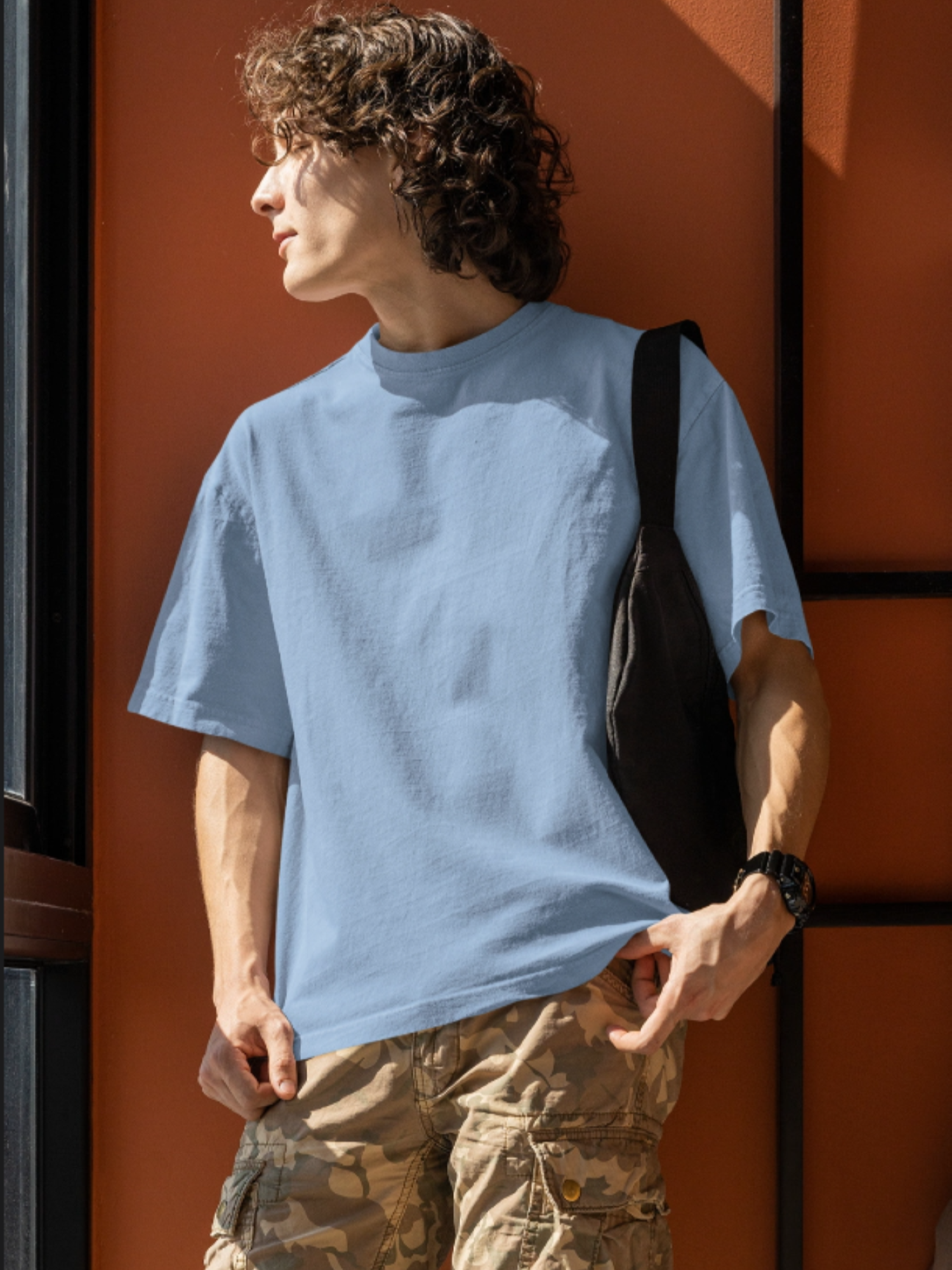 Plain light blue Round Neck Oversized Cotton T-shirt At Stalworth