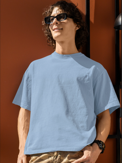 Plain light blue Round Neck Oversized Cotton T-shirt At Stalworth