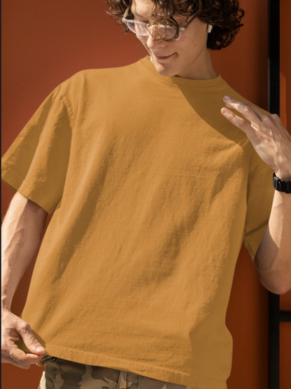 Plain Golden Yellow Round Neck Oversized Cotton T-shirt At Stalworth