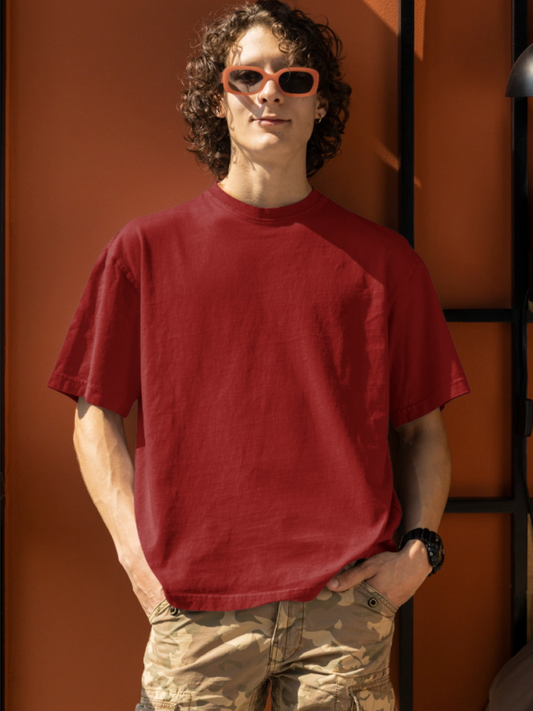 Plain Red Round Neck Oversized Cotton T-shirt At Stalworth