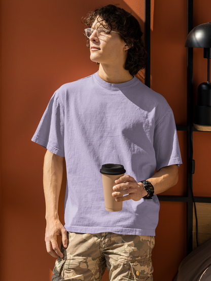 Plain Lavender Blue  Round Neck Oversized Cotton T-shirt At Stalworth