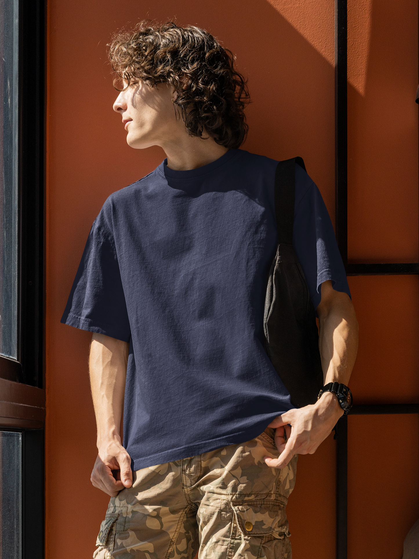 Plain Navy Blue  Round Neck Oversized Cotton T-shirt At Stalworth