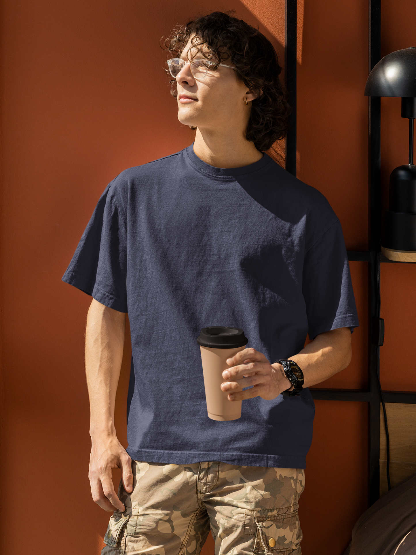 Plain Navy Blue  Round Neck Oversized Cotton T-shirt At Stalworth